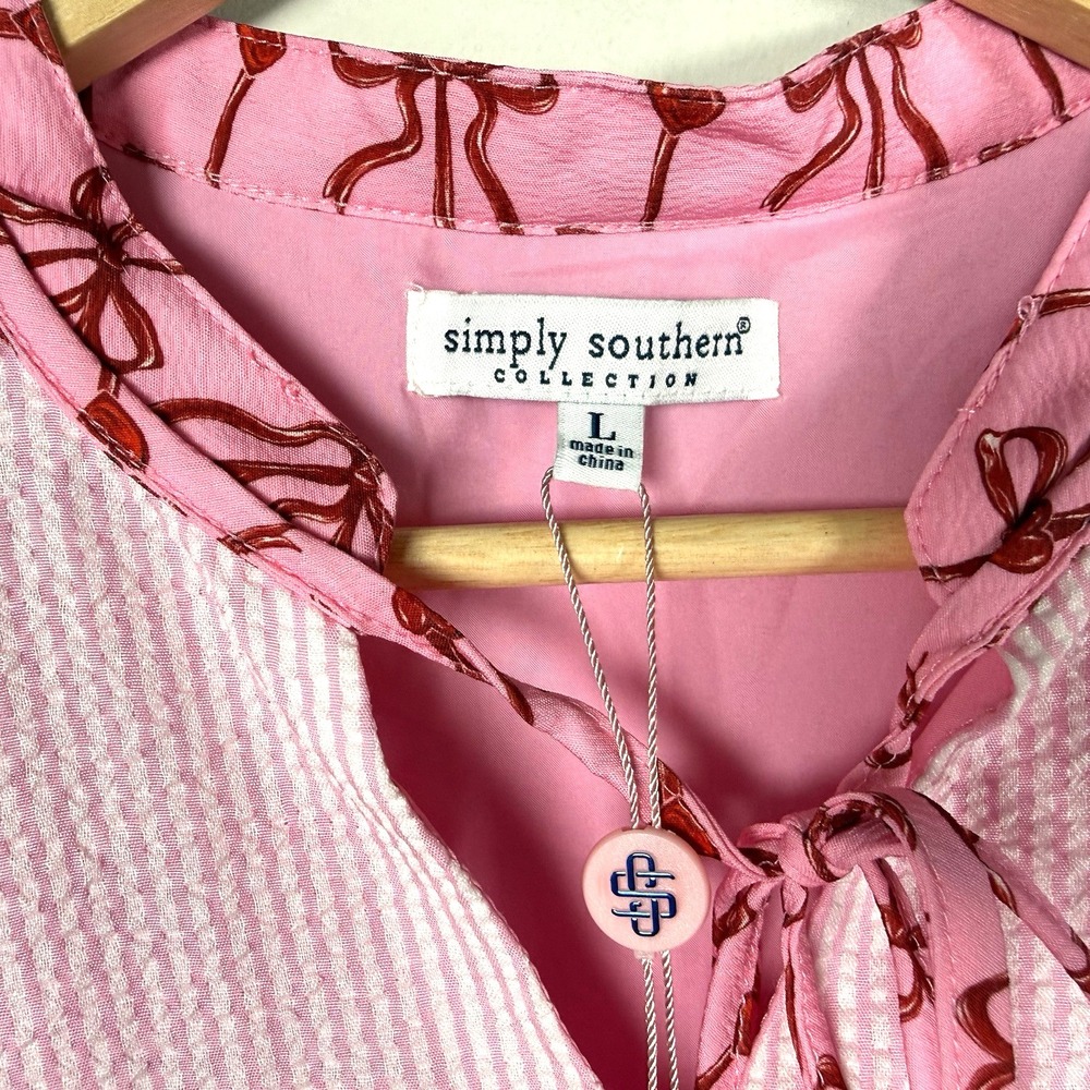 Simply Southern Pink Bow Yoke Babydoll Dress Puff Sleeve Valentine Coquette L - Picture 2 of 13